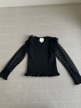 Madewell Black Sheer Polka Dot Sleeve Sweater Ruffle Trim Lightweight Size XS